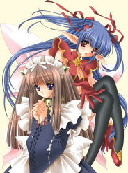 Rule 34 | 2girls, :d, :o, absurdres, apron, black legwear, blue hair, blush, bow, breasts, brown hair, carnelian, china dress, chinese clothes, choker, cleavage, cleavage cutout, clothing cutout, collar, dress, elf, fairy factory, foreshortening, frontier, gloves, hair ribbon, high heels, highres, lace, long hair, looking at viewer, maid, maid apron, maid headdress, multiple girls, open mouth, outstretched hand, own hands clasped, own hands together, pointy ears, purple eyes, quad tails, ribbon, scan, seika (fairy factory), shoes, short twintails, sidelocks, simple background, sitting, smile, standing, thighhighs, touka (fairy factory), turtleneck, twintails, very long hair, wide sleeves