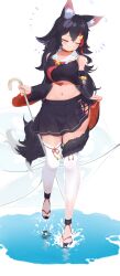 Rule 34 | 1girl, absurdres, animal ear fluff, animal ears, bell, black hair, black sleeves, blush, breasts, choker, closed eyes, cropped shirt, detached sleeves, hair between eyes, hair ornament, hairclip, highres, holding, holding umbrella, hololive, jingle bell, long hair, medium breasts, multicolored hair, navel, necktie, ookami mio, ookami mio (1st costume), platform footwear, pleated skirt, red choker, red hair, red necktie, sailor collar, shirt, skirt, sleeveless, sleeveless shirt, sleeves past wrists, smile, solo, streaked hair, tail, tail around own leg, tail wrap, thighhighs, umbrella, very long hair, virtual youtuber, water, white sailor collar, white thighhighs, wolf ears, wolf girl, wolf tail, xiaodong327399