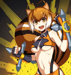 Rule 34 | 1girl, animal ears, arc system works, blazblue, blazblue: continuum shift, breasts, brown eyes, brown hair, gloves, makoto nanaya, midriff, orange skirt, purinnssu, revealing clothes, skirt, smile, solo, squirrel ears, squirrel tail, tail, tonfa, underboob, weapon
