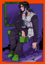 Rule 34 | 1boy, abs cutout, black hair, book, hex tails, highres, holding, holding book, illuso, jojo no kimyou na bouken, knee pads, male focus, mirror, padded pants, padded shirt, padded vest, pencil, sameyama jiro, sitting, solo, vento aureo