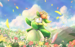 Rule 34 | absurdres, blurry, bright pupils, cloud, commentary request, creatures (company), day, falling petals, field, flower, flower field, game freak, gen 5 pokemon, giovanni (giogiofx0083), hands up, highres, lilligant, looking at viewer, nintendo, no humans, outdoors, petals, pokemon, pokemon (creature), rock, sky, solo, white pupils, yellow eyes