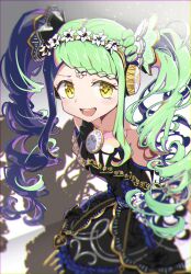 Rule 34 | 1girl, :d, absurdres, anisakisu, blue hair, braid, braided bangs, clock, commentary request, cowboy shot, falala a larm, flower, fusion, garara s leep, gold trim, green hair, grey background, hair flower, hair ornament, headphones, highres, idol time pripara, light particles, long hair, looking at viewer, open mouth, pretty series, pretty series, pripara, ringlets, shadow, sidelocks, smile, solo, standing, symbol-shaped pupils, twintails, very long hair, white flower, yellow eyes