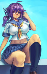 Rule 34 | 1girl, ahoge, bad id, bad pixiv id, breasts, chikokuma, curvy, glasses, hip focus, impossible clothes, impossible shirt, large breasts, midriff, navel, original, plump, purple eyes, purple hair, school uniform, serafuku, shirt, sitting, socks, solo, thick thighs, thighs, twintails, wide hips