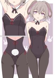 Rule 34 | 1girl, animal ears, armpits, arms behind back, arms up, backless leotard, bare shoulders, black leotard, bow, bowtie, breasts, detached collar, fake animal ears, fake tail, female focus, girls&#039; frontline, gotoo, grey hair, head out of frame, highleg, highleg leotard, highres, leotard, looking at viewer, low ponytail, m200 (girls&#039; frontline), multiple views, pantyhose, playboy bunny, purple eyes, rabbit ears, rabbit tail, side-tie leotard, small breasts, strapless, strapless leotard, tail