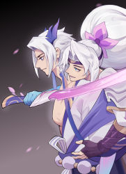 Rule 34 | 2boys, bead belt, belt, brothers, brown background, from side, grabbing, grabbing from behind, gradient background, hair ornament, highres, holding, holding weapon, horns, japanese clothes, kimono, league of legends, looking at another, lower teeth only, multiple boys, open mouth, parted lips, pectorals, pink eyes, ponytail, profile, ribbon, siblings, spirit blossom yasuo, spirit blossom yone, striped ribbon, teeth, tianshi bianjie, weapon, white hair, white kimono, yasuo (league of legends), yone (league of legends)