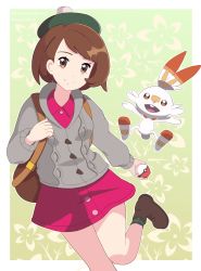 Rule 34 | 1girl, absurdres, artist request, blush, boots, brown eyes, brown hair, child, creatures (company), dress, female focus, floral background, game freak, gen 8 pokemon, gloria (pokemon), grey jacket, happy, hat, highres, jacket, jumping, leg up, legs, looking at viewer, nintendo, open mouth, pink dress, poke ball, pokemon, pokemon (creature), pokemon swsh, scorbunny, short hair, smile, socks, standing, standing on one leg, tam o&#039; shanter, thighs