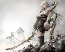 Rule 34 | 3girls, abs, arm up, armpits, asymmetrical clothes, black gloves, black hair, blood, bloody weapon, breasts, corpse, de mo ne, dress, facing away, frenlyse, gloves, hair between eyes, highres, holding, holding hands, holding sword, holding weapon, impossible clothes, large breasts, long hair, mechanical arms, multiple girls, nier (series), nier reincarnation, nipple slip, nipples, prosthesis, prosthetic arm, prosthetic leg, puffy sleeves, single glove, single mechanical arm, single sleeve, single thighhigh, sword, thighhighs, thighs, weapon, white dress, white hair, yellow eyes