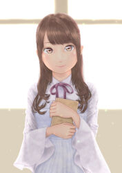 Rule 34 | 1girl, book, brown eyes, brown hair, collared dress, commentary request, dress, highres, holding, holding book, long hair, looking at viewer, neck ribbon, real life, ribbon, smile, solo, taneda risa, upper body, uzuki mei, voice actor, white dress, wide sleeves