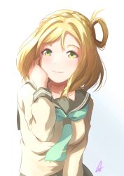 Rule 34 | 1girl, absurdres, artist name, artist request, blonde hair, blush, braid, breasts, brown eyes, buttons, collarbone, crown braid, female focus, green eyes, green neckerchief, grey sailor collar, grey skirt, hair rings, highres, long sleeves, looking at viewer, love live!, love live! sunshine!!, medium breasts, miniskirt, neckerchief, ohara mari, parted lips, plaid, plaid skirt, playing with own hair, pleated, pleated skirt, sailor collar, school uniform, shirt, short hair, skirt, smile, solo, tie clip, uranohoshi school uniform, white shirt, yellow buttons, yellow eyes