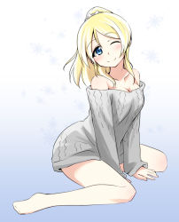 Rule 34 | 10s, 1girl, ;), ayase eli, bare shoulders, blonde hair, blue eyes, breasts, cleavage, collarbone, dress shirt, hair ornament, long hair, looking at viewer, love live!, love live! school idol project, medium breasts, nanotsuki, off-shoulder, off-shoulder sweater, one eye closed, ponytail, shirt, smile, solo, sweater