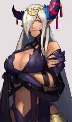 Rule 34 | 1girl, arms under breasts, asymmetrical horns, bare shoulders, breasts, cleavage, cowboy shot, crossed arms, dragon girl, fire emblem, fire emblem engage, grey background, grey horns, hair ornament, hair over one eye, highres, horns, large breasts, long hair, mature female, navel, nintendo, pointy ears, purple eyes, purple ribbon, revealing clothes, ribbon, seinikuten, solo, tan, tassel, tassel hair ornament, uneven horns, zephia (fire emblem)