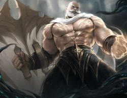 Rule 34 | 1boy, abs, bald, bara, bare pectorals, beard, black pants, braum (league of legends), cape, chest harness, dopey (dopq), facial hair, fighting stance, harness, holding, holding weapon, large pectorals, league of legends, looking to the side, male focus, mature male, muscular, muscular male, mustache, navel, nipples, old, old man, pants, pectorals, rope, short hair, solo, stomach, thick thighs, thighs, tight clothes, tight pants, topless male, weapon, white cape