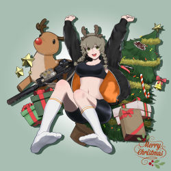 Rule 34 | 1girl, absurdres, amane suzuha, arms up, assault rifle, baeming, braid, breasts, brown hair, christmas tree, gift, green eyes, gun, highres, large breasts, looking at viewer, merry christmas, midriff, reindeer, rifle, sitting, smile, socks, solo, steins;gate, twintails, weapon