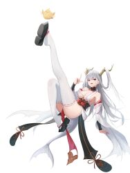 Rule 34 | 1girl, absurdres, arm warmers, azur lane, bare shoulders, bird, black footwear, breasts, chick, cleavage, dragon girl, dragon horns, dragon tail, full body, grey hair, hair on horn, hand up, highres, horns, japanese clothes, kafeifeifeifeifeifei jiemo jun, knee up, large breasts, leg up, long hair, looking at viewer, manjuu (azur lane), open mouth, red eyes, revealing clothes, ribbon-trimmed clothes, ribbon-trimmed thighhighs, ribbon trim, shimanto (azur lane), simple background, smile, tail, thighhighs, white background, white hair, white thighhighs