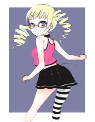 Rule 34 | 1girl, asymmetrical clothes, asymmetrical hair, bad id, bad pixiv id, bespectacled, blonde hair, blue eyes, camisole, dance dance revolution, drill hair, glasses, lowres, oza watto, simple background, single thighhigh, smile, solo, striped clothes, striped thighhighs, thighhighs, twin drills, twintails, yuni (dance dance revolution)