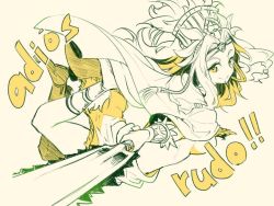 Rule 34 | 1girl, aztec, breasts, cape, crown, fate/grand order, fate (series), hair ornament, hair tubes, headband, long hair, monochrome, quetzalcoatl (fate), skirt, smile, sword, weapon, yellow theme