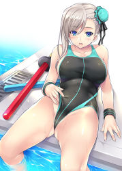 Rule 34 | 1girl, asymmetrical hair, bare shoulders, black one-piece swimsuit, blue eyes, blush, breasts, bun cover, cleavage, collarbone, competition swimsuit, fate/grand order, fate (series), frontal wedgie, grey hair, hair bun, large breasts, long hair, looking at viewer, lying, miyamoto musashi (fate), miyamoto musashi (fate/grand order), miyamoto musashi (swimsuit berserker) (fate), miyamoto musashi (swimsuit berserker) (first ascension) (fate), mizuhara yuu, on back, one-piece swimsuit, poolside, ribbon, single hair bun, smile, soaking feet, solo, swept bangs, swimsuit, swimsuit tug, thighs, wedgie, wet, wristband
