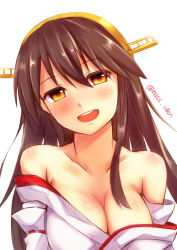 Rule 34 | 10s, 1girl, :d, bare shoulders, blush, breasts, brown hair, cleavage, clothes down, collarbone, female focus, hair between eyes, hairband, happy, haruna (kancolle), head tilt, headgear, japanese clothes, kantai collection, large breasts, long hair, looking at viewer, n@ss, neck, off shoulder, open mouth, simple background, smile, solo, twitter username, upper body, white background, yellow eyes
