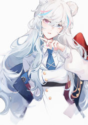 Rule 34 | absurdres, aiguillette, animal ears, arknights, bear ears, blue eyes, blue hair, blue nails, blue necktie, blush, breasts, buttons, chinese commentary, coat, collared shirt, gemi 25, hair between eyes, head tilt, heterochromia, highres, long hair, looking at viewer, medium breasts, multicolored hair, multicolored nails, nail polish, necktie, off shoulder, open mouth, pink hair, pink nails, red eyes, rosa (arknights), shirt, silver hair, simple background, solo, streaked hair, upper body, wavy hair, white background, white coat, white shirt, wing collar