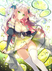 Rule 34 | 1girl, bare shoulders, black shirt, breasts, bubble, cleavage, collarbone, commentary request, detached sleeves, food, food-themed clothes, fruit, gluteal fold, green eyes, green skirt, head tilt, highres, jewelry, juliet sleeves, lime (fruit), lime slice, long hair, long sleeves, looking at viewer, medium breasts, original, panties, pendant, pink hair, puffy sleeves, shirt, skirt, sleeveless, sleeveless shirt, sleeves past wrists, solo, sora 72-iro, thighhighs, two side up, underwear, very long hair, white panties, white thighhighs