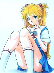 Rule 34 | 1girl, :&lt;, artist request, ass, blue eyes, breasts, brown hair, closed mouth, frown, game console, highres, interface headset, long hair, medium breasts, neck ribbon, neon genesis evangelion, playing games, red ribbon, ribbon, sailor collar, school uniform, shirt, short sleeves, sitting, solo, souryuu asuka langley, tokyo-3 middle school uniform, traditional media, twintails, white sailor collar, white shirt, wide hips