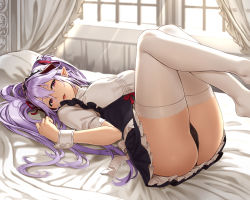Rule 34 | 1girl, ass, breasts, demon girl, demon horns, demon maid (houtengeki), dress, hair ribbon, highres, horns, houtengeki, knees together feet apart, legs up, long hair, looking at viewer, lying, maid, maid headdress, no shoes, on back, on bed, open mouth, original, panties, pink eyes, pointy ears, purple hair, ribbon, sidelocks, smile, solo, thighhighs, thighs, twintails, underwear, window, wrist cuffs