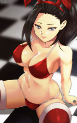 Rule 34 | 1girl, animal ears, bare shoulders, bikini, black hair, blurry, blurry background, boku no hero academia, breasts, cleavage, collarbone, commentary, esther shen, from above, hair ornament, large breasts, long hair, looking at viewer, navel, panties, ponytail, rabbit ears, red bikini, red panties, red thighhighs, signature, sitting, solo, swimsuit, thighhighs, tiles, underwear, yaoyorozu momo