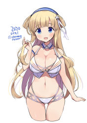Rule 34 | 1girl, :d, bikini, blonde hair, blue eyes, blush, breasts, cleavage, collarbone, cropped legs, dated, fletcher (kancolle), hair bun, kantai collection, large breasts, long hair, looking at viewer, navel, odawara hakone, one-hour drawing challenge, open mouth, side bun, simple background, single side bun, smile, solo, swimsuit, twitter username, white background, white bikini