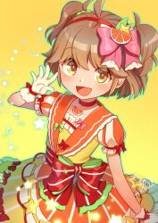 Rule 34 | 1girl, bow, brown hair, choker, dress, female focus, food-themed hair ornament, gloves, hair bow, hair ornament, highres, mitake eil, open mouth, orange hair ornament, original, pink bow, signature, simple background, solo, two side up, waving, yellow background