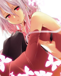 Rule 34 | 10s, 1girl, ayuteisyoku, bare shoulders, blush, breasts, bug, butterfly, center opening, cleavage, detached sleeves, guilty crown, hair ornament, bug, long hair, looking at viewer, navel, open mouth, pink hair, red eyes, solo, twintails, yuzuriha inori