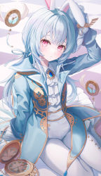 Rule 34 | 1girl, absurdres, animal ears, arm support, arm up, blue hair, blue jacket, brooch, checkered floor, funii, grimlight, highres, jacket, jewelry, long hair, looking at viewer, pants, rabbit ears, red eyes, sitting, solo, tears, thighs, white pants, white rabbit (grimlight), yokozuwari