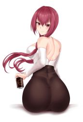 Rule 34 | 1girl, ass, back, bad id, bad twitter id, bare shoulders, beer can, black legwear, black skirt, blush, breasts, can, canned coffee, choker, coffee can, crimecrime, drink can, fate/grand order, fate (series), hair between eyes, hair intakes, highres, holding, holding can, huge ass, large breasts, long hair, long sleeves, looking at viewer, looking back, off-shoulder shirt, off shoulder, purple hair, red eyes, scathach (fate), shirt, simple background, sitting, skirt, smile, solo, taut clothes, taut skirt, thighs, very long hair, white choker, white shirt