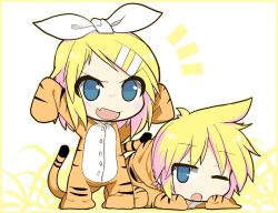 Rule 34 | 1boy, 1girl, animal costume, animal print, arms up, blonde hair, blue eyes, blush, brother and sister, chibi, costume, fang, hair ornament, hair ribbon, hairclip, kagamine len, kagamine rin, ladfa, lying, on stomach, open mouth, ribbon, short hair, siblings, sleepy, smile, tail, tiger costume, tiger print, tiger tail, twins, vocaloid, wink