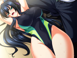 Rule 34 | 1boy, 1girl, armpits, arms up, bishop (company), black hair, blue hair, breasts, cameltoe, competition swimsuit, crotch, game cg, green eyes, hair ornament, hair ribbon, ikegami tsubaki, kagami hirotaka, large breasts, long hair, looking at another, lying, on back, on floor, one-piece swimsuit, open mouth, ponytail, ribbon, shoes, solo focus, sweat, swimsuit, thigh gap, thighhighs, tiles, ura kyoushi haitoku no inetsu jugyou, very long hair