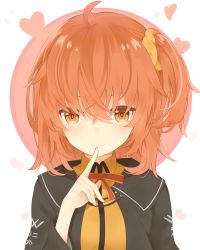 Rule 34 | 1girl, ahoge, black jacket, blush, commentary request, face, fate/grand order, fate (series), finger to mouth, fujimaru ritsuka (female), fujimaru ritsuka (female) (mage&#039;s association uniform), hair ornament, hair scrunchie, heart, highres, jacket, looking at viewer, official alternate costume, orange eyes, orange hair, orange scrunchie, red ribbon, ribbon, scrunchie, short hair, smile, solo, younomiti