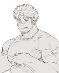 Rule 34 | 1boy, akiha gongen (housamo), bandaid, bandaid on face, bandaid on nose, bara, ch1du, facial hair, facial scar, goatee, greyscale, horns, huge eyebrows, large pectorals, looking at viewer, male focus, medium sideburns, monochrome, muscular, muscular male, pectorals, scar, scar on cheek, scar on face, short hair, sideburns, sideburns stubble, single horn, solo, stubble, thick eyebrows, tokyo houkago summoners