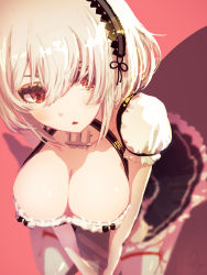 Rule 34 | 1girl, anchor, azur lane, bad id, bad pixiv id, blush, breasts, choker, cleavage, collarbone, hair between eyes, hairband, lace-trimmed hairband, lace trim, large breasts, looking at viewer, minyom, puffy sleeves, red eyes, ribbon, short hair, short sleeves, sidelocks, sirius (azur lane), solo, white hair