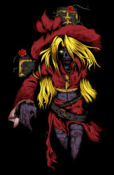 Rule 34 | 1other, black background, blonde hair, colored sclera, colored skin, commentary request, dress, evil druid (ragnarok online), flower, hair over one eye, hat, haty, jacket, large cross, long hair, looking at viewer, midriff, monster, navel, no nose, no pupils, open mouth, parted bangs, plant, purple skin, ragnarok online, red dress, red flower, red hat, red jacket, rose, simple background, solo, teeth, undead, vines, yellow sclera