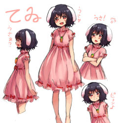 Rule 34 | 1girl, :d, animal ears, black hair, carrot, carrot necklace, carrying, character name, crossed arms, dress, female focus, fumitan (humitan), inaba tewi, jewelry, looking at viewer, musical note, necklace, open mouth, pendant, pink dress, rabbit ears, red eyes, short hair, simple background, sketch, smile, solo, touhou, translated, white background