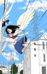 Rule 34 | 1girl, angel wings, black hair, blue sailor collar, blue skirt, building, cityscape, feathered wings, giant, giantess, green eyes, highres, long hair, looking at viewer, open mouth, original, outdoors, outstretched arms, pleated skirt, power lines, sailor collar, sakamoto giulietta, school uniform, serafuku, shirt, skirt, solo, spread arms, transmission tower, white shirt, white wings, wings, wire