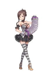 Rule 34 | 1girl, accordion, argyle, argyle clothes, argyle legwear, armband, bare shoulders, black skirt, brown hair, dorothy (princess principal), full body, gloves, high heels, highres, instrument, looking at viewer, music, official art, playing instrument, princess principal, princess principal game of mission, purple eyes, simple background, skirt, smirk, solo, standing, striped, sweatdrop, thighhighs, transparent background, vertical stripes, white gloves