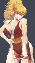 Rule 34 | 1girl, bare shoulders, blonde hair, breasts, brown eyes, capcom, capcom vs snk 2, commentary request, final fight, genryuusai maki, hand on own hip, highres, japanese clothes, long hair, looking at viewer, medium breasts, murata tefu, ninja, pelvic curtain, ponytail, sash, solo, street fighter, tonfa, weapon