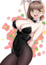 Rule 34 | 1girl, absurdres, animal ears, black bow, black bowtie, black leotard, black pantyhose, bow, bowtie, breasts, cleavage, covered navel, cowboy shot, detached collar, erotanuki, fake animal ears, green eyes, highres, large breasts, leotard, mole, mole on breast, open mouth, original, pantyhose, playboy bunny, rabbit ears, short hair, smile, solo, strapless, strapless leotard, teeth, upper teeth only, white background, wrist cuffs