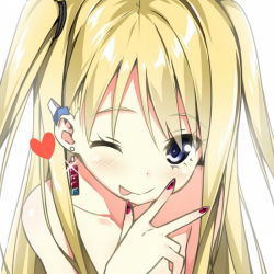 Rule 34 | 1girl, ;p, blonde hair, blue eyes, heart, long hair, nail polish, one eye closed, original, sky-freedom, smile, solo, tongue, tongue out, topless, twintails, wink