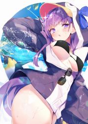 Rule 34 | 1girl, absurdres, animal hood, armor, bare shoulders, beach, bird, black jacket, blue ribbon, blush, breasts, breasts out, choker, collarbone, fantongjun, fate/grand order, fate (series), greaves, hair between eyes, highres, hip focus, hood, huge filesize, jacket, long hair, long sleeves, looking at viewer, medium breasts, meltryllis, meltryllis (fate), meltryllis (swimsuit lancer) (fate), meltryllis (swimsuit lancer) (first ascension) (fate), open mouth, penguin, penguin hood, purple eyes, purple hair, ribbon, sleeves past fingers, sleeves past wrists, solo, sparkle, sunglasses, thighs, very long hair, wet