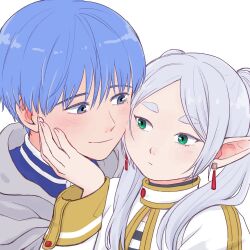 Rule 34 | 1boy, 1girl, blue eyes, blue hair, capelet, cheek-to-cheek, commentary request, earrings, frieren, green eyes, grey cloak, grey hair, heads together, himmel (sousou no frieren), jewelry, korean commentary, mole, mole under eye, pointy ears, smile, sousou no frieren, twintails, white capelet, yumyumppang