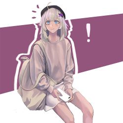 Rule 34 | !, 1girl, aa-12 (girls&#039; frontline), ahoge, bag, bare legs, beret, blue eyes, blush, candy, cellphone, food, girls&#039; frontline, grey bag, grey hair, grey shirt, hat, jewelry, lollipop, looking at viewer, medium hair, mmm (ji1945), necklace, phone, shirt, simple background, smartphone, solo, star (symbol), star necklace, turtleneck