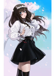 Rule 34 | 1girl, absurdres, belt, black skirt, black thighhighs, blue eyes, blue sky, brown belt, brown hair, buttons, character request, charm (object), cherry blossoms, copyright request, gemi ningen, hair between eyes, highres, korean commentary, long hair, long sleeves, looking at viewer, petals, pillarboxed, shirt, skirt, sky, solo, thighhighs, tongue, tongue out, tree, white shirt, wide sleeves, zettai ryouiki