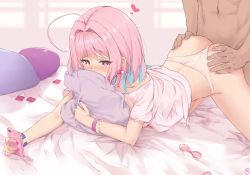 Rule 34 | 1boy, 1girl, ahoge, all fours, arched back, ass grab, bed sheet, blue hair, blush, bracelet, cellphone, clothed female nude male, condom, condom wrapper, doggystyle, earrings, envyvanity, face in pillow, heart, hetero, holding, holding phone, idolmaster, idolmaster cinderella girls, jewelry, kneeling, looking at phone, multicolored hair, multiple condoms, multitasking, nail polish, navel, nose blush, nude, hugging object, on bed, panties, phone, pill earrings, pillow, pillow hug, pink hair, pink nails, purple eyes, ring, sex, sex from behind, shirt, short hair, short sleeves, smartphone, solo focus, spread legs, tears, two-tone hair, underwear, used condom, white panties, white shirt, yumemi riamu