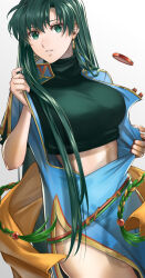 Rule 34 | 1girl, blue dress, breasts, commentary request, cowboy shot, crop top, delsaber, dress, earrings, fire emblem, fire emblem: the blazing blade, gradient background, green eyes, green hair, green shirt, grey background, highres, jewelry, large breasts, long hair, looking at viewer, lyn (fire emblem), midriff, nintendo, parted lips, shirt, solo, standing, thighs, very long hair, white background
